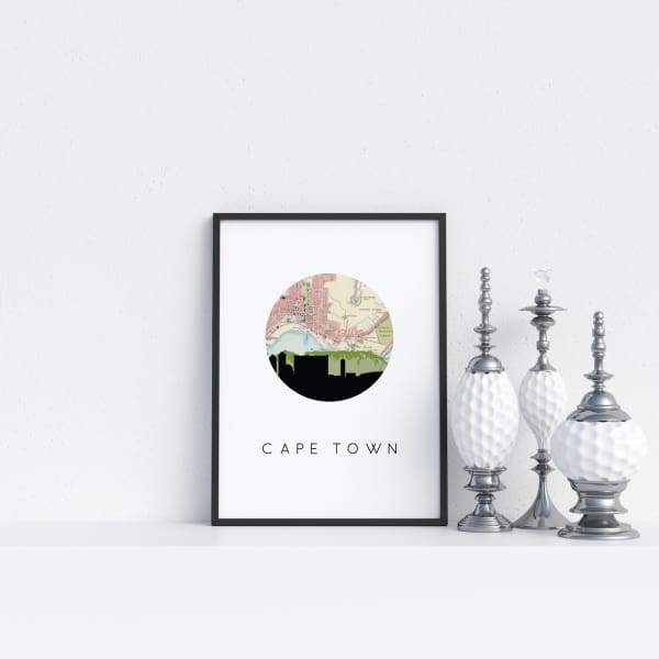 Cape Town South Africa city skyline with vintage Cape Town map - 5x7 Unframed Print - City Map Skyline