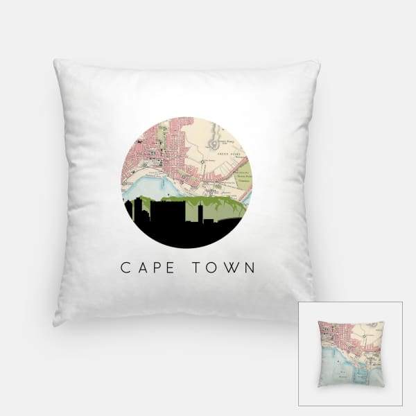 Cape Town South Africa city skyline with vintage Cape Town map - Pillow | Square - City Map Skyline