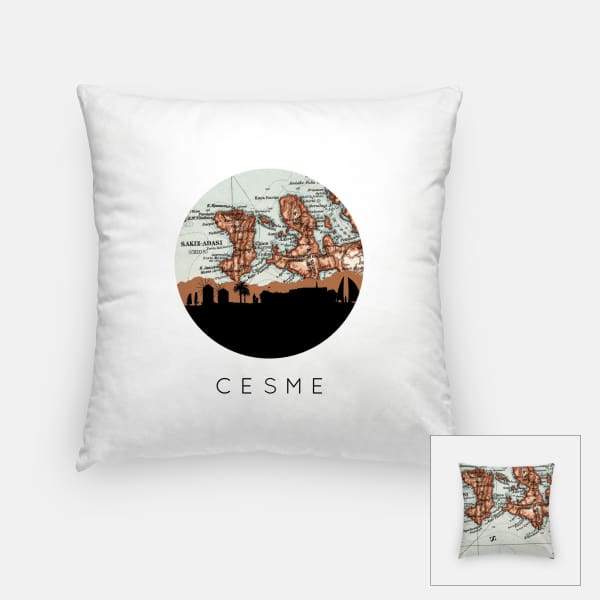 Cesme city skyline with vintage Cesme map - Pillow | Square - City Map Skyline