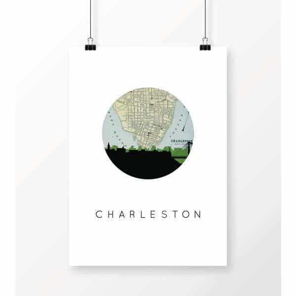 Charleston South Carolina city skyline with vintage Charleston map - 5x7 Unframed Print - City Map Skyline