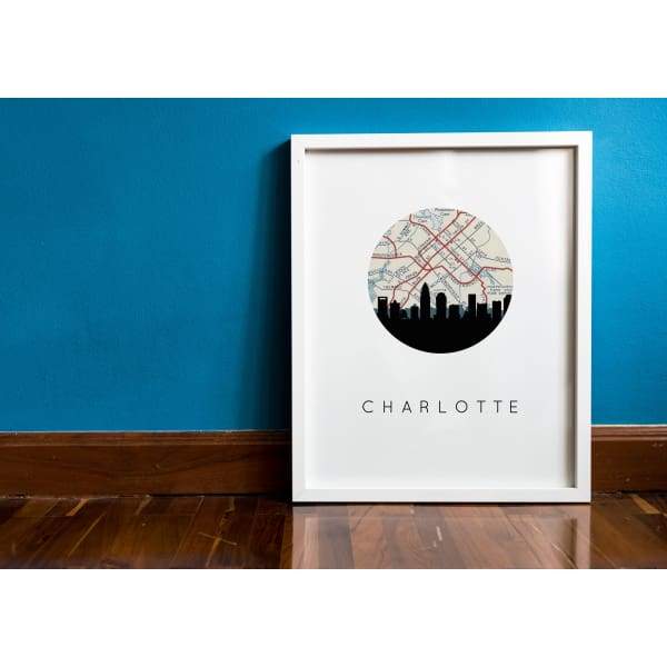 Charlotte North Carolina city skyline with vintage Charlotte map - City Map Skyline