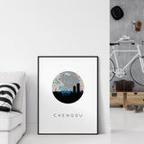 Chengdu China city skyline with vintage Chengdu map - 5x7 Unframed Print - City Map Skyline