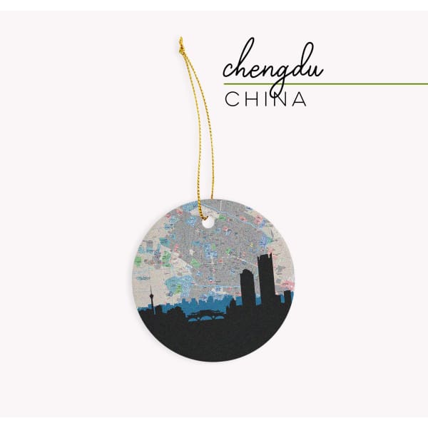 Chengdu China city skyline with vintage Chengdu map - Ornament - City Map Skyline
