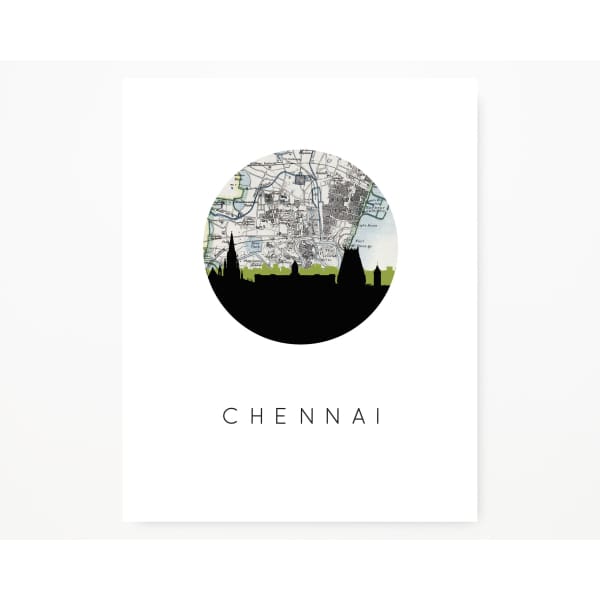 Chennai India city skyline with vintage Chennai map - 5x7 Unframed Print - City Map Skyline