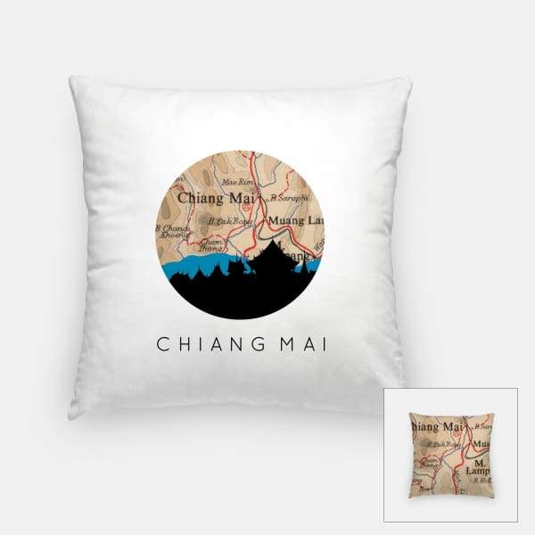 Chiang Mai Thailand city skyline with vintage Chiang Mai map - Pillow | Square - City Map Skyline