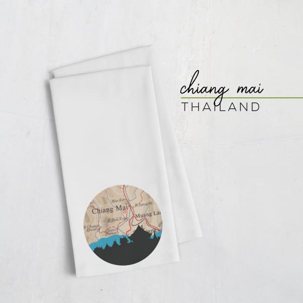 Chiang Mai Thailand city skyline with vintage Chiang Mai map - Tea Towel - City Map Skyline