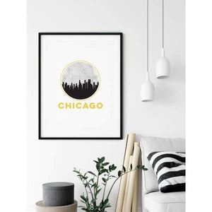 Chicago Illinois circle city skyline with Chicago map - 5x7 Unframed Print - City Map Circle