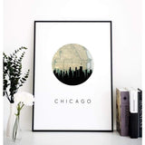 Chicago Illinois city skyline with vintage Chicago map - 5x7 Unframed Print - City Map Skyline