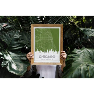 Chicago Illinois skyline and map - 5x7 Unframed Print / OliveDrab - City Map and Skyline