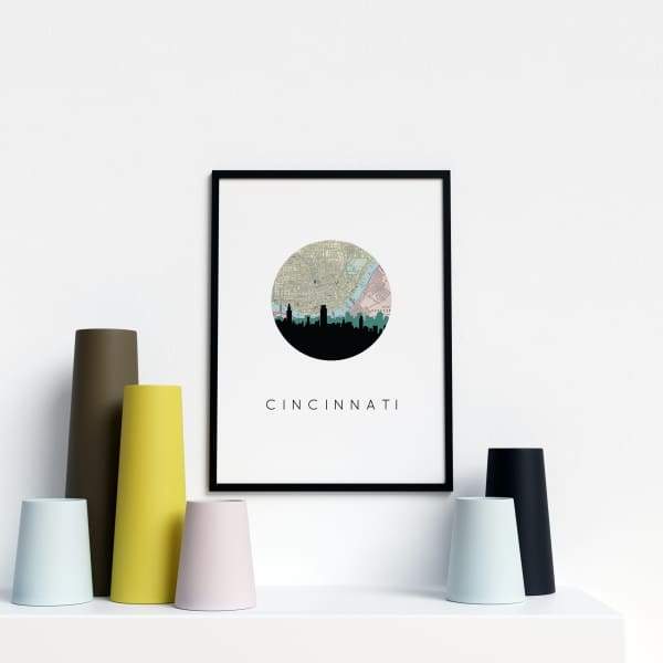 Cincinnati Ohio city skyline with vintage Cincinnati map - 5x7 FRAMED Print - City Map Skyline