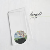 Clearfield Utah city skyline with vintage Clearfield map - Tea Towel - City Map Skyline