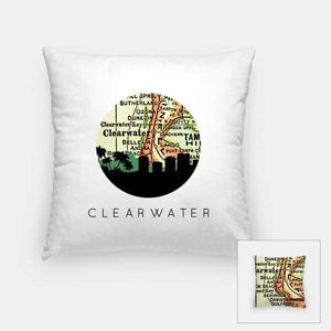 Clearwater Florida city skyline with vintage Clearwater map - Pillow | Square - City Map Skyline