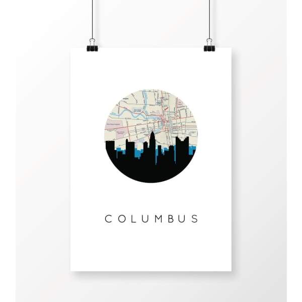 Columbus Ohio city skyline with vintage Columbus map - 5x7 Unframed Print - City Map Skyline
