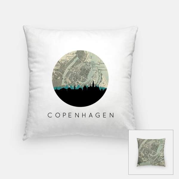 Copenhagen city skyline with vintage Copenhagen map - Pillow | Square - City Map Skyline