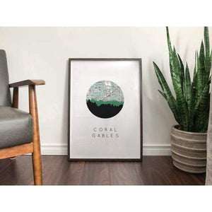 Coral Gables Florida city skyline with vintage Coral Gables map - 5x7 Unframed Print - City Map Skyline