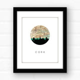 Cork Ireland city skyline with vintage Cork map - 5x7 FRAMED Print - City Map Skyline