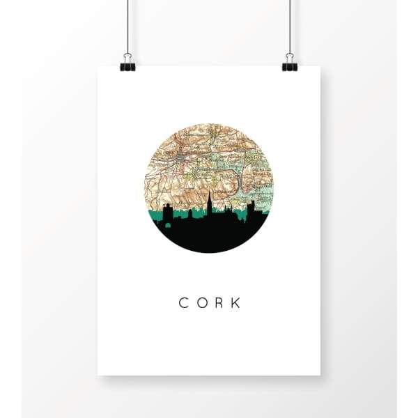 Cork Ireland city skyline with vintage Cork map - 5x7 Unframed Print - City Map Skyline