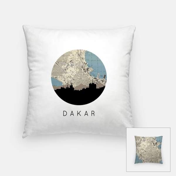 Dakar Senegal city skyline with vintage Dakar map - Pillow | Square - City Map Skyline