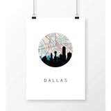 Dallas Texas city skyline with vintage Dallas map - 5x7 Unframed Print - City Map Skyline
