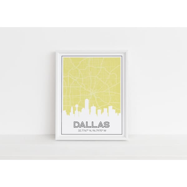 Dallas Texas skyline and map with coordinates - 5x7 Unframed Print / Khaki - Road Map and Skyline