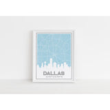 Dallas Texas skyline and map with coordinates - 5x7 Unframed Print / LightBlue - Road Map and Skyline
