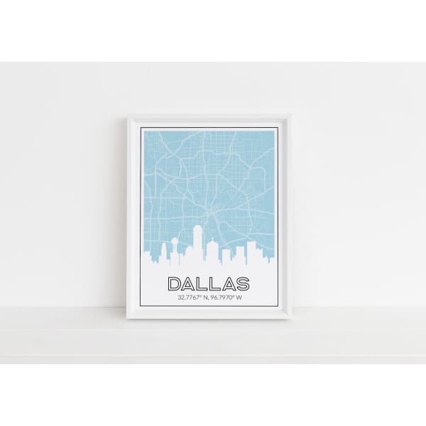 Dallas Texas skyline and map with coordinates - 5x7 Unframed Print / LightBlue - Road Map and Skyline