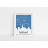 Dallas Texas skyline and map with coordinates - 5x7 Unframed Print / SteelBlue - Road Map and Skyline