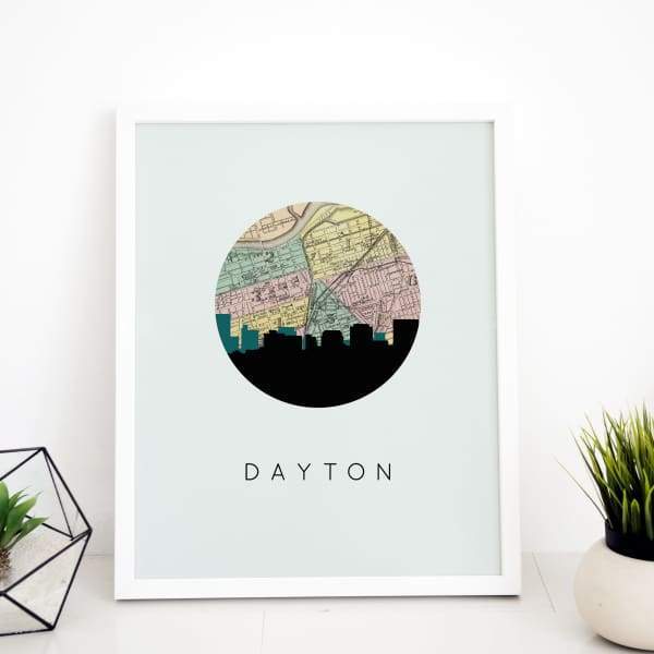Dayton Ohio city skyline with vintage Dayton map - 5x7 Unframed Print - City Map Skyline