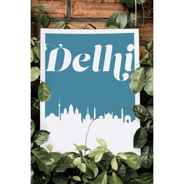 Delhi India retro inspired city skyline - 5x7 Unframed Print / Teal - Retro Skyline
