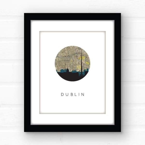 Dublin Ireland city skyline with vintage Dublin map - 5x7 FRAMED Print - City Map Skyline
