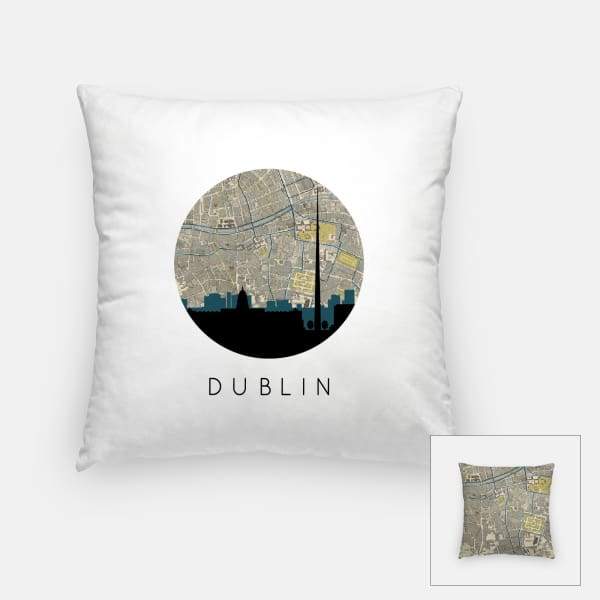 Dublin Ireland city skyline with vintage Dublin map - Pillow | Square - City Map Skyline