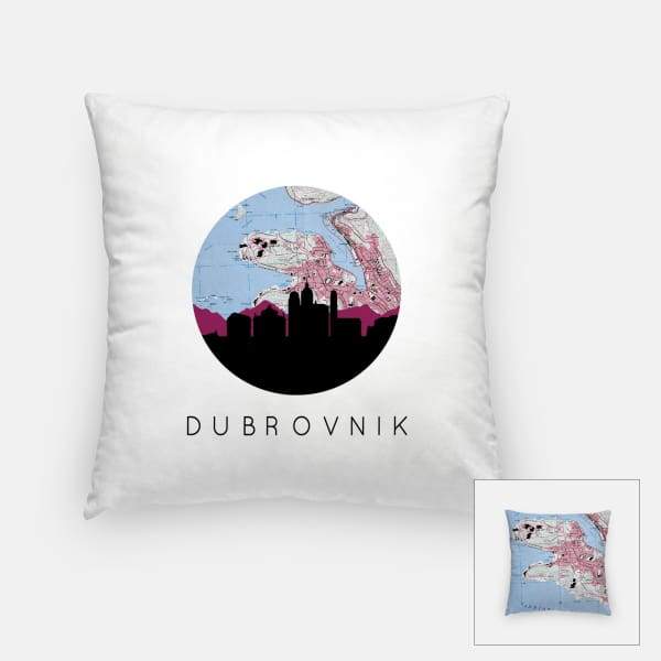 Dubrovnik city skyline with vintage Dubrovnik map - Pillow | Square - City Map Skyline