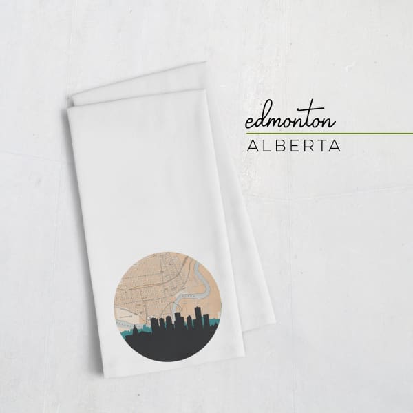 Edmonton Alberta city skyline with vintage Edmonton map - Tea Towel - City Map Skyline