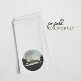 Fairfield California city skyline with vintage Fairfield California map - Tea Towel - City Map Skyline