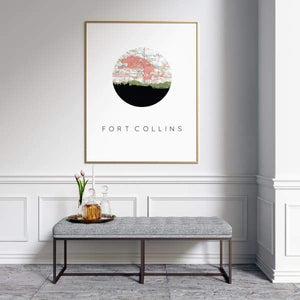Fort Collins Colorado city skyline with vintage Fort Collins map - 5x7 Unframed Print - City Map Skyline