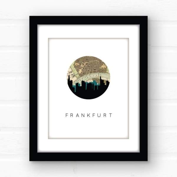 Frankfurt city skyline with vintage Frankfurt map - 5x7 Unframed Print - City Map Skyline