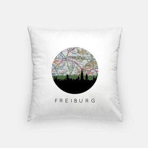 Freiburg city skyline with vintage Freiburg map - Pillow | Square - City Map Skyline