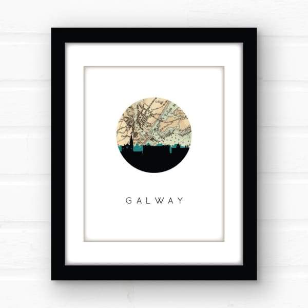 Galway city skyline with vintage Galway map - 5x7 FRAMED Print - City Map Skyline