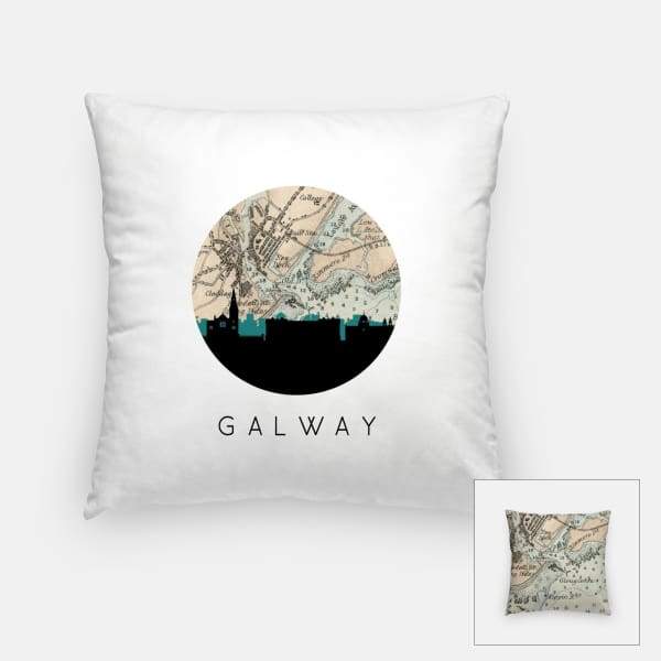 Galway city skyline with vintage Galway map - Pillow | Square - City Map Skyline