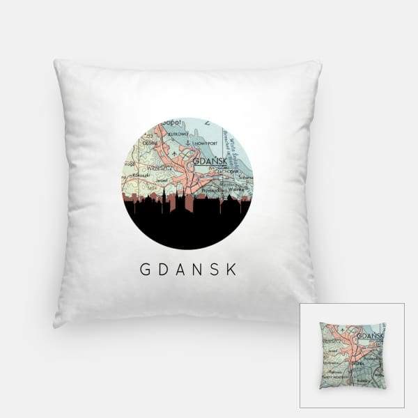 Gdansk city skyline with vintage Gdansk map - Pillow | Square - City Map Skyline