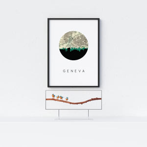 Geneva city skyline with vintage Geneva map - City Map Skyline