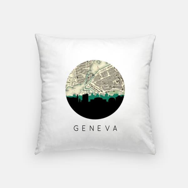 Geneva city skyline with vintage Geneva map - Pillow | Square - City Map Skyline