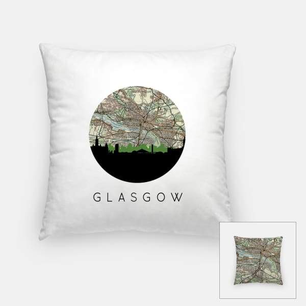 Glasgow Scotland city skyline with vintage Glasgow map - Pillow | Square - City Map Skyline