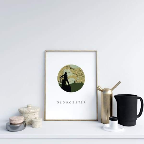 Gloucester, Massachusetts city skyline with vintage Gloucester map Gloucester, Massachusetts city skyline with vintage Gloucester map