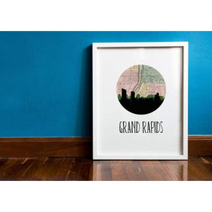 Grand Rapids Michigan city skyline with vintage Grand Rapids map | Secret Sale - City Map Skyline