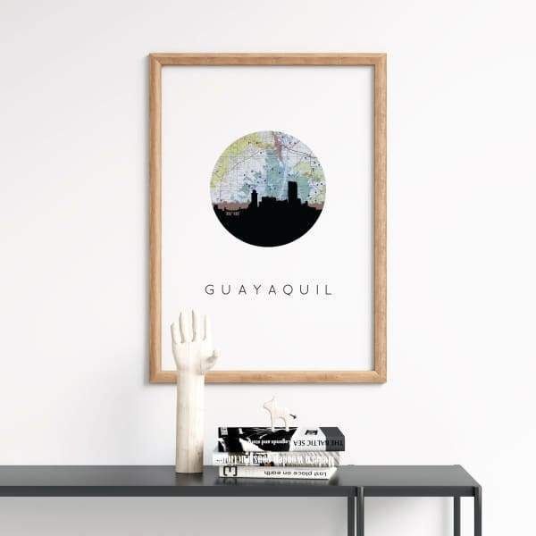 Guayaquil Ecuador city skyline with vintage Guayaquil map - 5x7 Unframed Print - City Map Skyline
