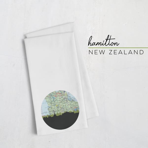 Hamilton New Zealand city skyline with vintage Hamilton map - Tea Towel - City Map Skyline