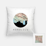 Honolulu Hawaii city skyline with vintage Honolulu map - Pillow | Square - City Map Skyline