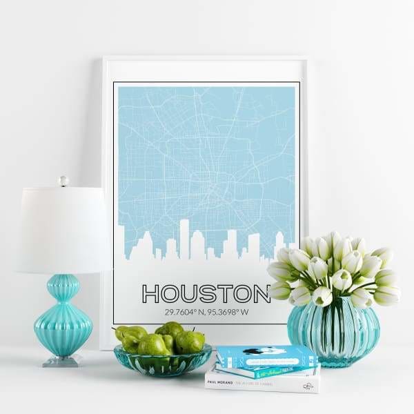 Houston Texas road map and skyline - 5x7 Unframed Print / LightBlue - Road Map and Skyline