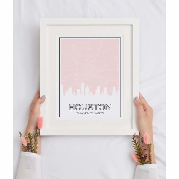 Houston Texas road map and skyline - 5x7 Unframed Print / MistyRose - Road Map and Skyline
